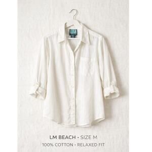 LM Beach Button Up Shirt White Cotton Roll Tab Sleeve Relaxed Fit Medium